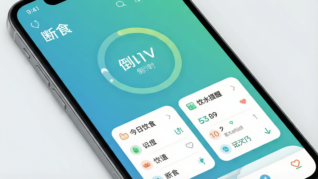 一张展示手机应用界面的高清图片,主体是“断食”App的今日概览页面,布局清晰,上方显示当前断食倒计时与进度环,下方为今日饮食记录与饮水提醒卡片,整体风格简洁现代,采用清新的蓝绿色渐变背景,白色卡片圆润,界面干净无多余元素,画质细腻,突出“断食”字样与健康生活理念