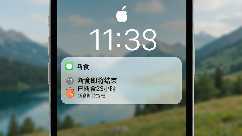 手机锁屏界面展示“断食”App的提醒通知,通知卡片上显示“断食即将结束”和“已断食23小时”等文字,背景为模糊的风景,风格自然,画面干净,画质清晰,无多余元素