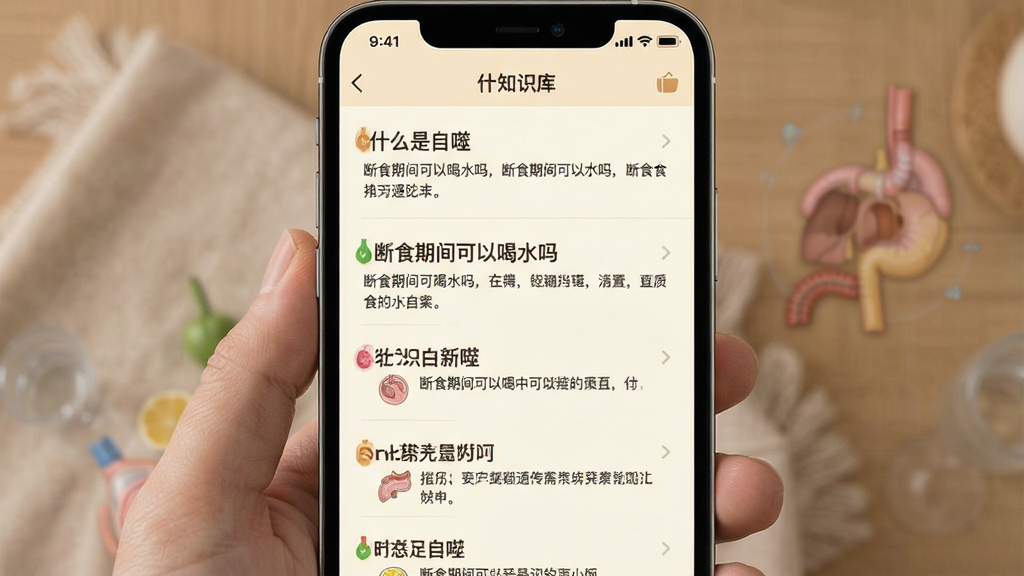 一张“断食”App内置知识库的截图,主体为文章列表,标题如“什么是自噬”、“断食期间可以喝水吗”等,背景为米白色,文字清晰,排版舒适,风格温馨,画质干净,无多余元素