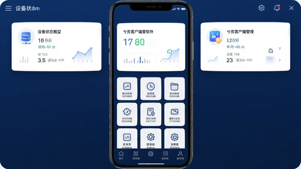 兮克客户端管理软件主界面预览图,展示手机屏幕中软件主页面,上方为设备状态概览卡片,中部为功能图标网格布局,底部为导航栏,整体采用深蓝色科技风格,界面简洁清晰,图标线条流畅,画质干净,无多余元素