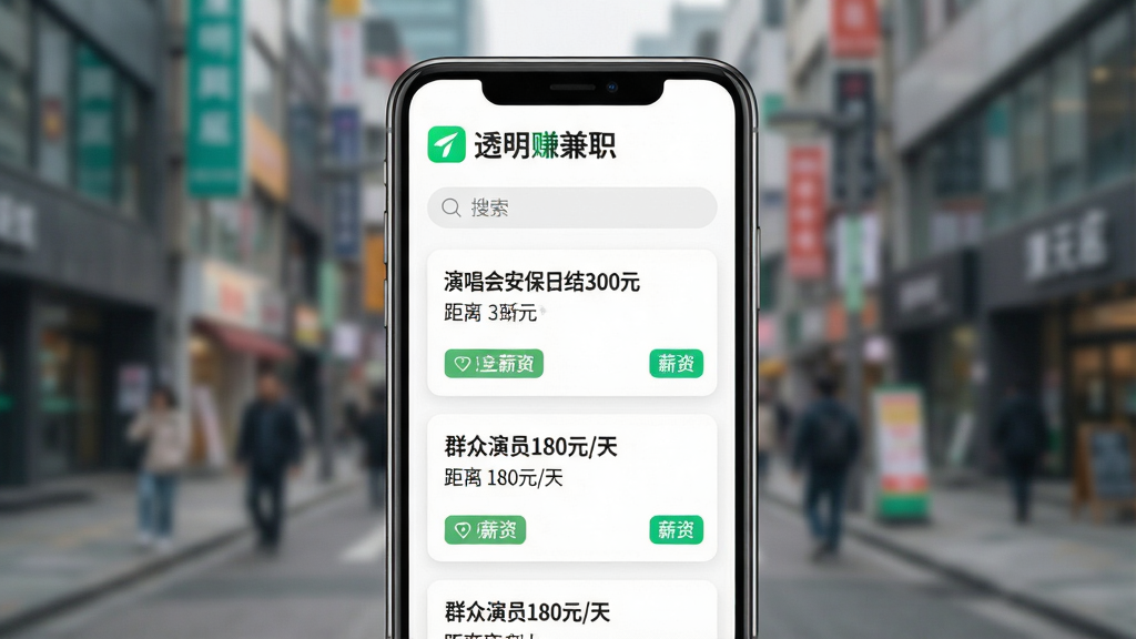 画面主体为一部智能手机屏幕展示透明赚兼职APP主界面,界面顶部显示“透明赚兼职”绿色Logo和搜索栏,下方以卡片式列表展示多个兼职岗位如“演唱会安保日结300元”、“群众演员180元/天”,每个卡片带有距离和薪资标签,背景为模糊的城市街头实景,整体排版清晰,风格现代简约,色彩明亮清新,画质高清,干净无多余元素。