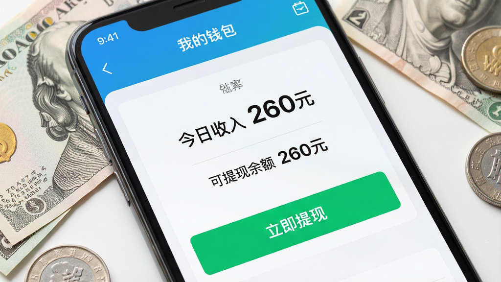 主体为透明赚兼职APP的“我的钱包”页面,屏幕中央显示“今日收入 260元”和“可提现余额 260元”,下方有“立即提现”绿色按钮,背景为手机屏幕特写,周围有少量现金和硬币点缀,布局简洁,排版清晰,风格写实,画质高清,干净无多余元素。