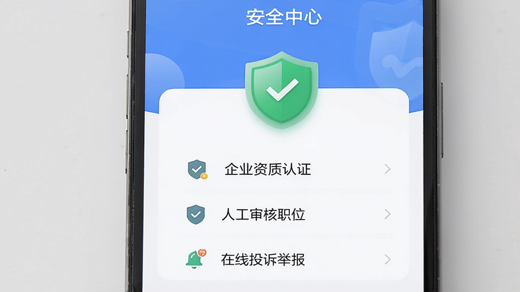 主体为透明赚兼职APP的“安全中心”页面,页面中央有绿色盾牌图标,下方列表展示“企业资质认证”、“人工审核职位”、“在线投诉举报”等功能入口,背景为手机屏幕,布局简洁,风格稳重,画质高清,干净无多余元素。