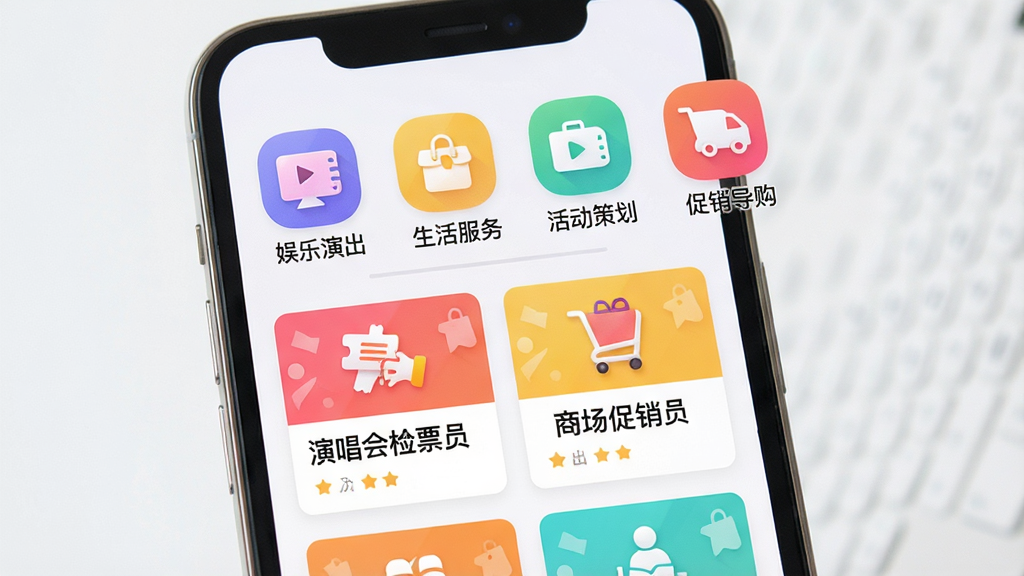 主体为透明赚兼职APP的职位分类页面,顶部横向排列“娱乐演出”、“生活服务”、“活动策划”、“促销导购”等彩色图标,下方展示对应职位卡片如“演唱会检票员”、“商场促销员”,背景为手机屏幕,布局整洁,风格活泼,画质高清,干净无多余元素。