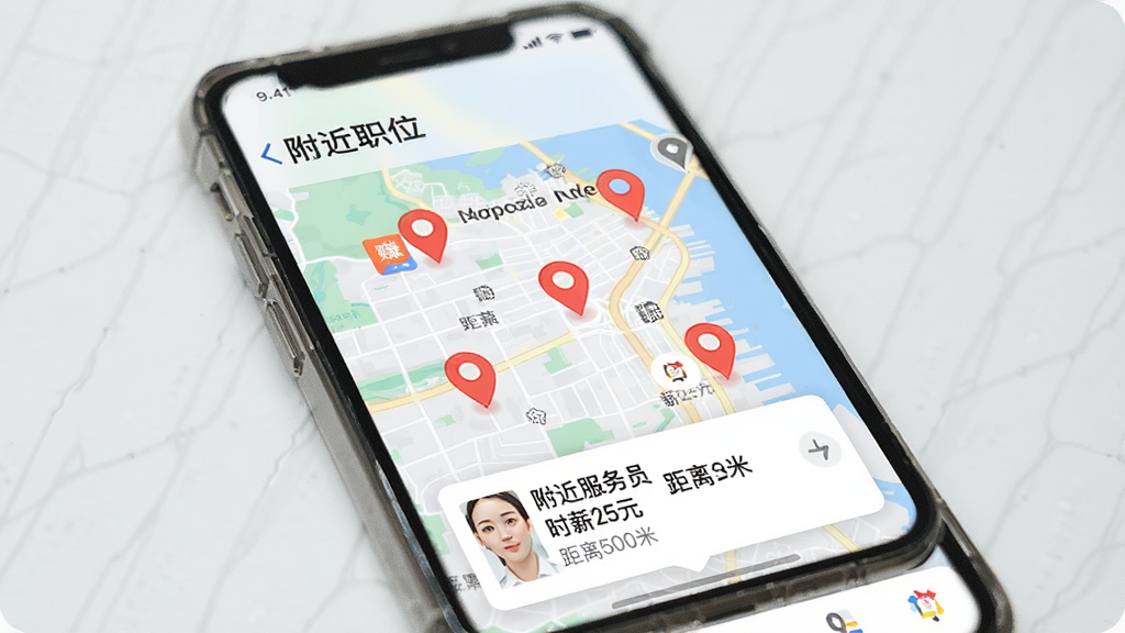 主体为透明赚兼职APP的“附近职位”地图模式界面,地图上分布多个红色定位图标,底部弹出职位卡片显示“附近服务员 时薪25元 距离500米”,背景为手机屏幕,整体布局合理,排版舒适,风格简约,画质高清,干净无多余元素。