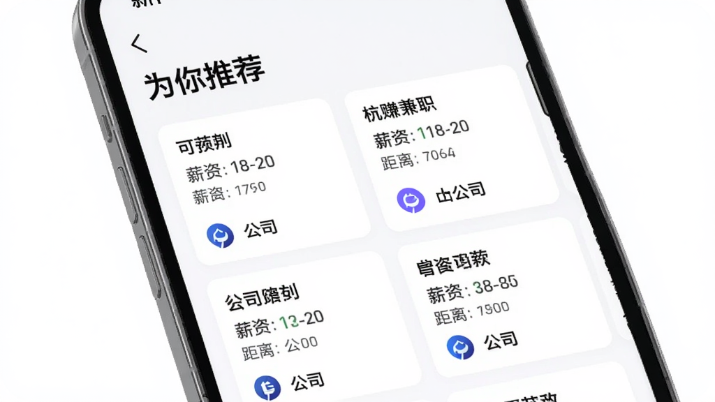 主体为透明赚兼职APP的“推荐”页面,顶部显示“为你推荐”字样,下方展示多个岗位卡片,每个卡片包含职位名称、薪资、距离、公司logo,背景为手机屏幕,布局采用瀑布流形式,风格现代,画质高清,干净无多余元素。
