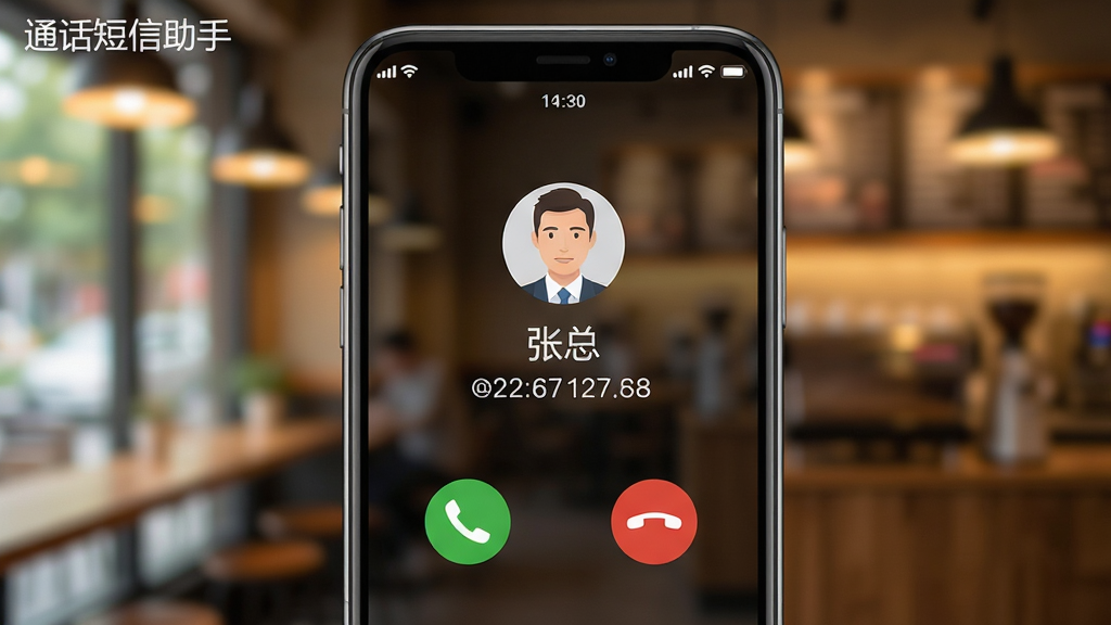 图片主体为“通话短信助手”模拟来电功能界面,手机屏幕正中央显示来电画面,联系人名为“张总”,号码为虚拟号码,下方有绿色接听与红色挂断按钮。背景为模糊的咖啡馆内景,暖色调灯光。布局采用手机屏幕特写,左上角显示软件名称“通话短信助手”,风格写实细腻,细节包括信号栏、时间显示、来电头像,画质高清,干净无多余元素。