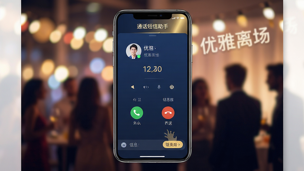 画面主体为一款名为“通话短信助手”的智能手机应用界面,手机屏幕居中展示,背景为模糊的聚会灯光与人群剪影,突出“优雅离场”主题。界面设计简洁现代,主色调为深蓝与金色,顶部显示“通话短信助手”字样,下方显示模拟来电界面与短信编辑框。布局采用手机竖屏居中构图,两侧留白,风格精致商务,细节包括来电头像、接听/挂断按钮、短信发送动画,画质高清干净,无多余元素。