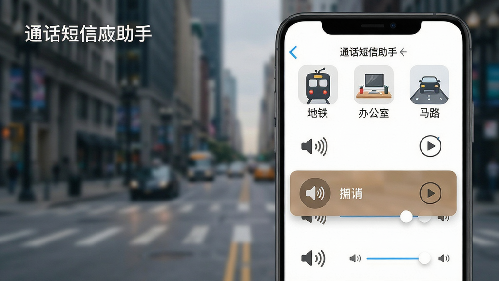 图片主体为“通话短信助手”背景音效选择界面,手机屏幕上显示多个音效图标,包括地铁、办公室、马路等,背景为城市街景模糊处理。布局采用手机竖屏展示,音效列表排列整齐,当前选中项高亮显示,风格简约现代,细节包括音效名称、播放按钮、音量滑块,画质高清,干净无多余元素。