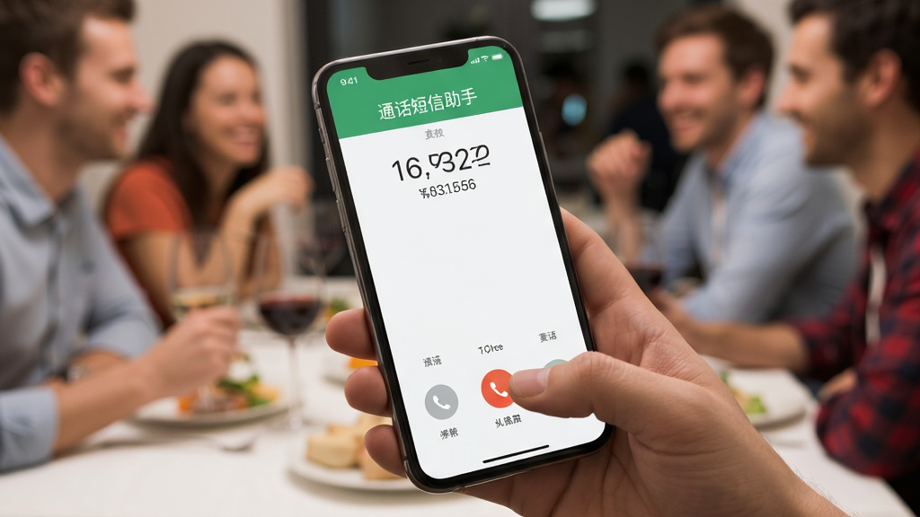 画面主体为“通话短信助手”在手机上的实际使用场景,一只手拿着手机,屏幕显示模拟来电界面,背景是模糊的餐厅聚会。布局采用手持手机特写,软件名称清晰可见,风格生活化,细节包括手指点击接听按钮、屏幕上的来电信息,画质高清,干净无多余元素。