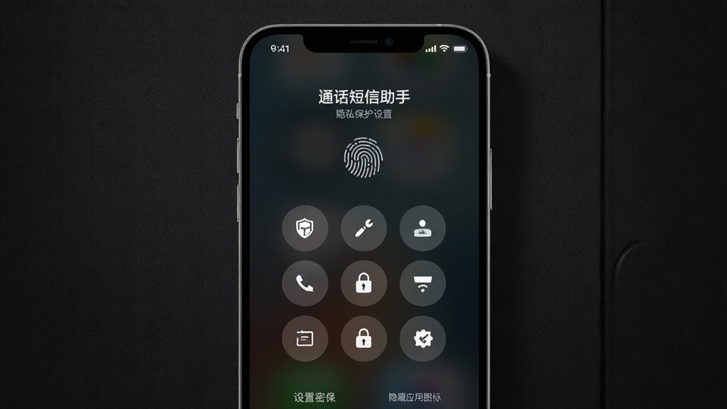 画面主体为“通话短信助手”隐私保护设置界面,手机屏幕显示图案解锁界面,背景为深色纹理墙面。布局采用手机竖屏居中构图,解锁九宫格清晰可见,周围有“设置密保”“隐藏应用图标”等选项,风格沉稳安全,细节包括指纹图标、加密锁动画,画质高清,干净无多余元素。