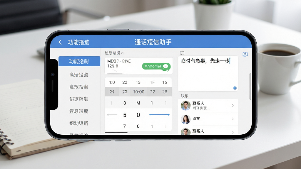 画面主体为“通话短信助手”定时短信设置界面,手机屏幕上显示短信编辑框、时间选择器与联系人列表,背景为简洁的室内办公桌,摆放有笔记本和咖啡杯。布局采用手机横屏展示,左侧为功能列表,右侧为编辑区域,风格清新商务,细节包括日期滚动条、短信内容示例“临时有急事,先走一步”,画质高清,干净无多余元素。