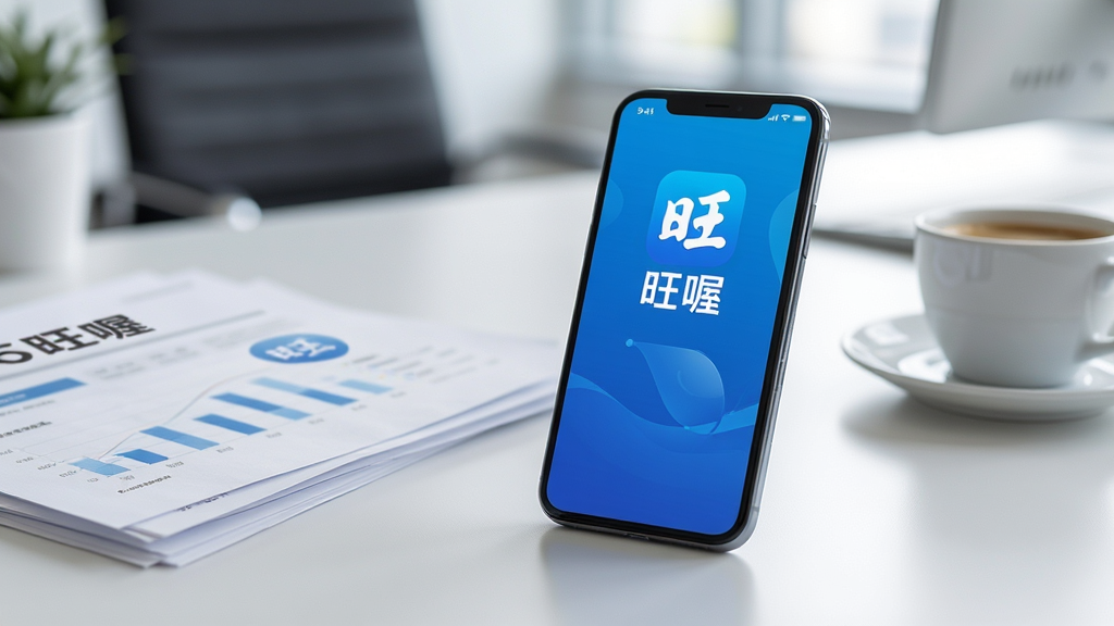 现代商务办公桌上摆放着智能手机,屏幕清晰显示“旺喔”应用主界面,界面设计简洁大气,以蓝色科技色调为主,背景虚化处理,前景突出手机与桌面上的商务文件和咖啡杯,整体构图干净明亮,采用专业产品摄影风格,画质高清,细节丰富,无多余元素