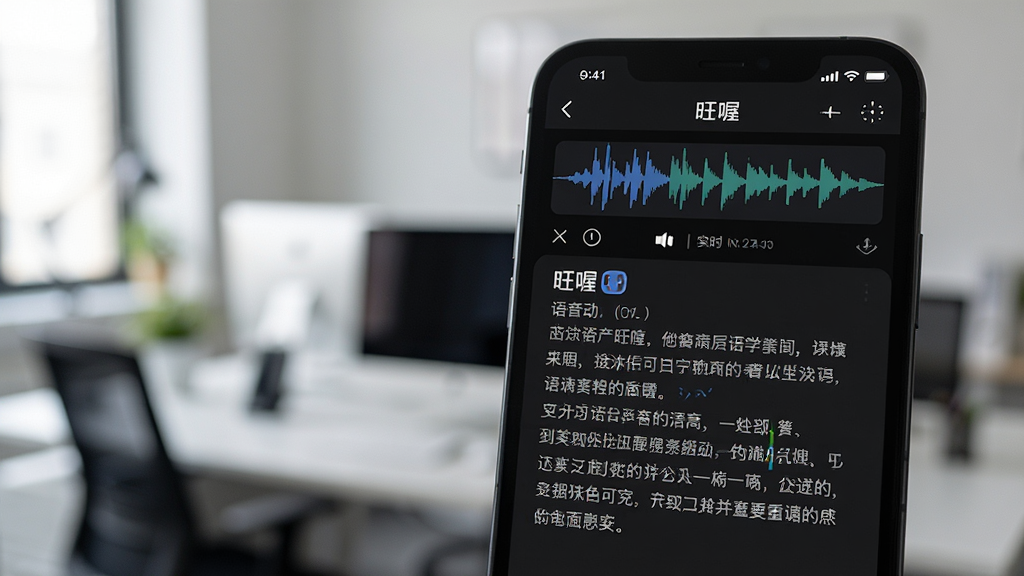 特写镜头展示手机屏幕上的“旺喔”语音转录功能界面,音频波形图与实时生成的文字稿同时显示,文字以段落形式整齐排列,界面采用深色模式显得专业,背景是模糊的办公室环境,构图以屏幕为主体,风格写实,画质清晰,无多余元素