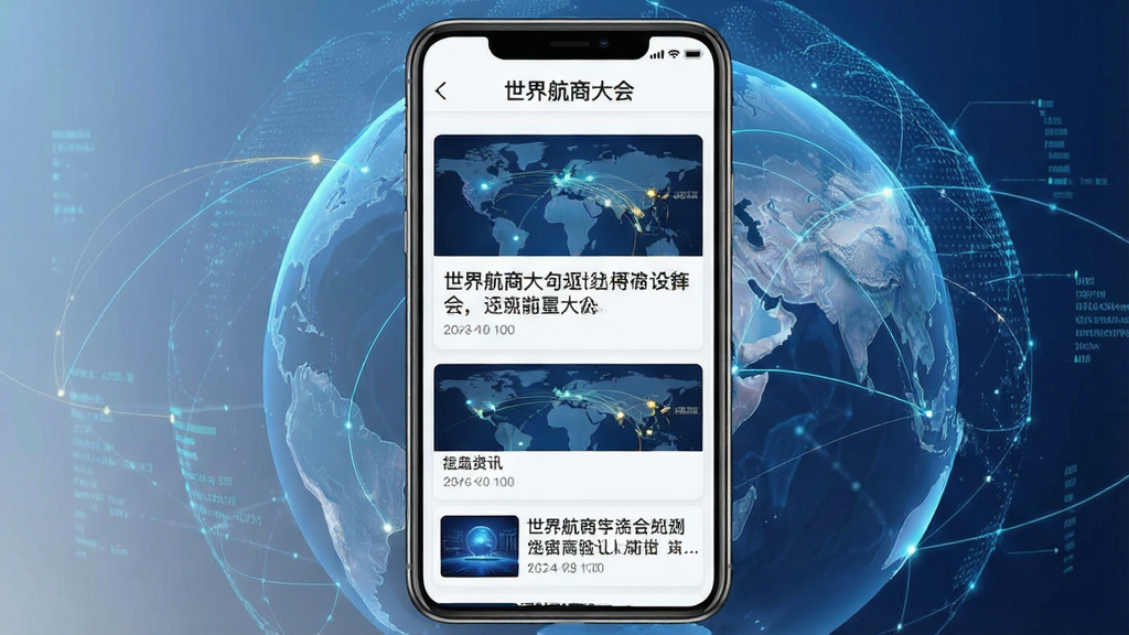 手机应用内资讯页面截图,顶部导航栏显示“世界航商大会”字样,下方以信息流形式展示多条行业新闻卡片,配以抽象的地球航线与数据网络背景图,界面风格清新简洁,图文并茂,突出资讯的丰富性与可读性,画质干净,无多余元素。