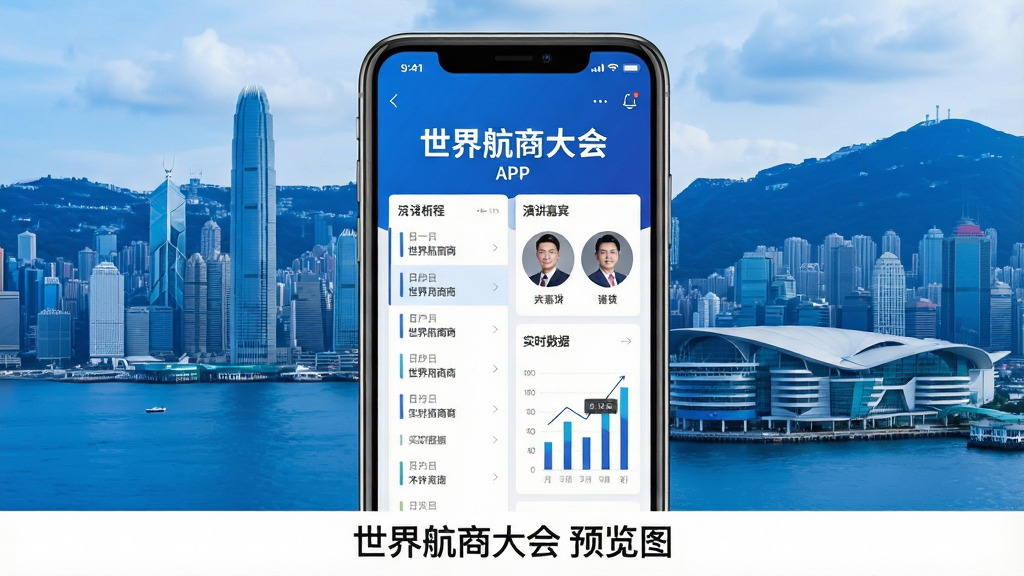 一幅现代商务风格的手机应用界面预览图,屏幕中央显示“世界航商大会”APP主视觉,背景为香港维多利亚港及会议展览中心轮廓,界面包含清晰的日程列表、演讲嘉宾头像和实时数据图表,整体布局简洁大气,蓝白配色为主,突出专业与科技感,画质清晰干净,无多余元素,图片下方标注“世界航商大会”预览图。