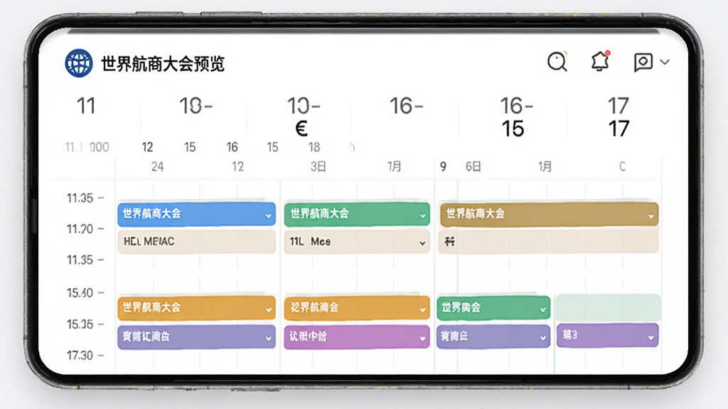 应用内日程管理功能预览,屏幕展示一个清晰的周历视图,日期为11月16日至17日,每个时间段对应不同颜色的会议条目,界面采用卡片式设计,有“世界航商大会”标识,整体风格简约直观,强调功能性与易用性,画质清晰。