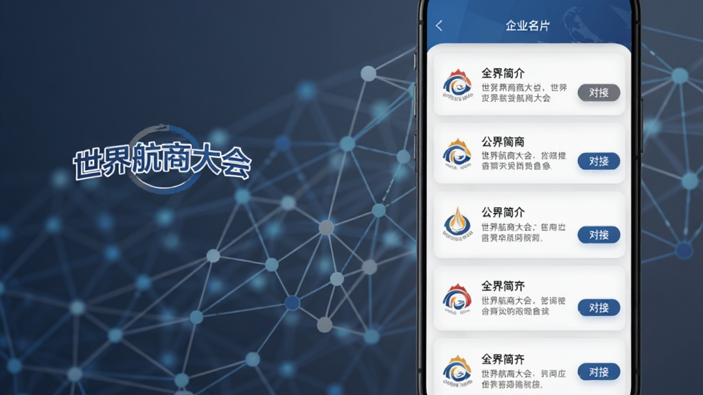 应用内商务对接功能界面,屏幕显示企业名片列表,包含公司Logo、简介和“对接”按钮,背景为抽象的网络连接节点图,整体设计商务大气,蓝灰配色,突出专业感,画质干净,无多余元素,图片包含“世界航商大会”字样。