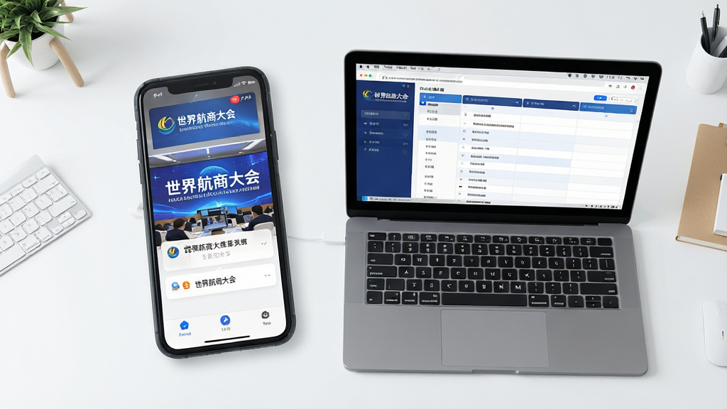 一张智能手机与笔记本电脑并排摆放的俯视图,手机屏幕显示“世界航商大会”App的会议直播画面,电脑屏幕显示相同的日程安排界面,背景为简洁的办公桌面,整体风格干净明亮,突出多设备协同使用的便捷性,画质清晰,无多余元素。