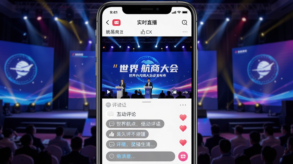 应用内活动直播页面,屏幕中央正在播放发布会现场视频,下方设有互动评论区,界面设计现代,有“世界航商大会”直播标识,背景为舞台灯光效果,整体风格生动活泼,突出实时互动性,画质清晰。