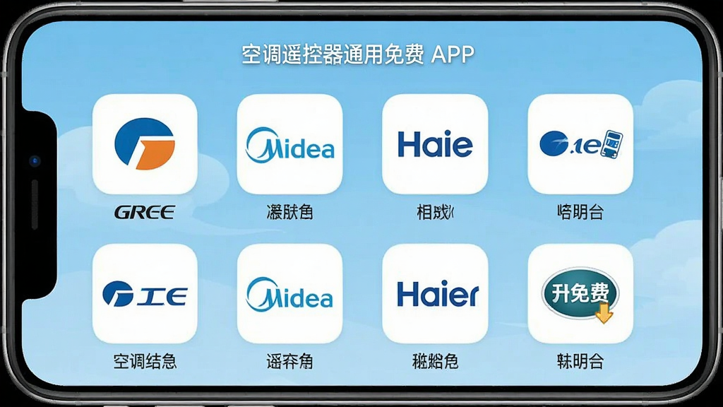 一张展示“空调遥控器通用免费”APP内部品牌选择界面的手机截图预览图,界面以浅蓝色为主色调,排列着格力、美的、海尔等品牌Logo图标,布局整齐清晰,每个图标下方有对应品牌名称,画质干净,无多余元素,突出其强大的兼容性