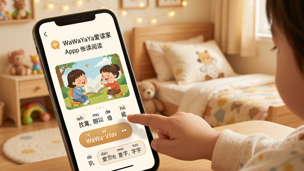 展示WaWaYaYa爱读家App的阅读页面,屏幕上有绘本插图和文字,下方有双语朗读按钮、拼音标注和查字框,旁边有孩子用手指点击屏幕的互动场景,背景是温馨的卧室,整体风格温暖明亮,画质清晰,无多余元素