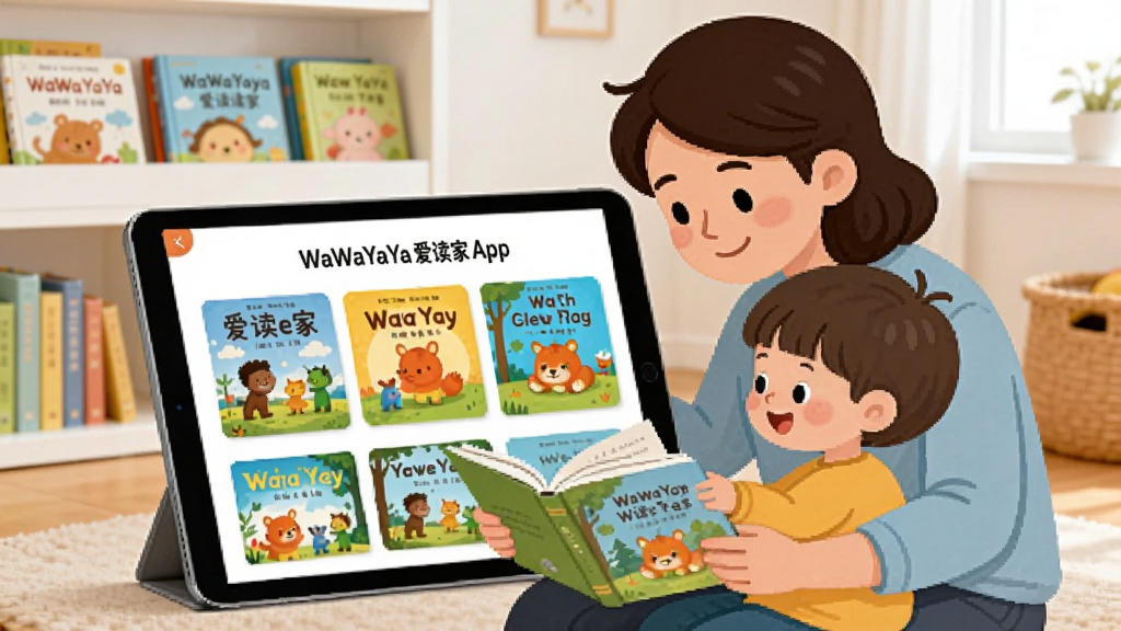主视觉图,展示WaWaYaYa爱读家App在平板上的界面,屏幕上有色彩丰富的绘本封面,旁边坐着一位家长和小孩正在一起阅读,画面温馨,背景是明亮的儿童书房,书架上有各种童书,整体风格清新卡通,画质干净,无多余元素
