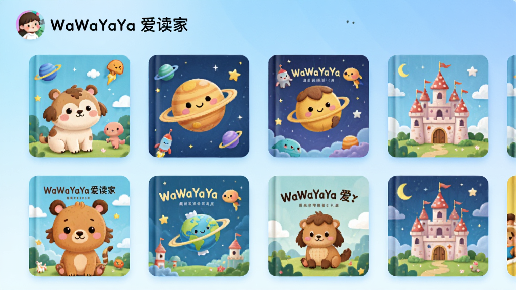 展示WaWaYaYa爱读家App内的绘本书架界面,屏幕上排列着各种颜色鲜艳的绘本封面,有动物、星球、城堡等元素,背景是柔和的渐变蓝色,整体风格卡通可爱,画面清晰,干净无多余元素