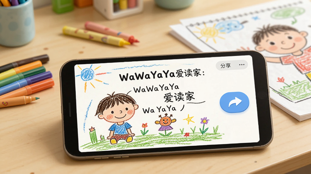 展示WaWaYaYa爱读家App的创作分享页面,屏幕上有一个孩子创作的绘本故事,有彩笔画的图案和文字,旁边有分享按钮,背景是儿童书桌,桌上放着彩笔和画纸,整体风格活泼,色彩明亮,画质干净,无多余元素