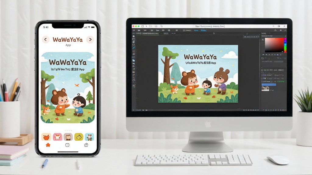 展示WaWaYaYa爱读家App在手机和模拟器上的运行场景,左侧是手机屏幕正在显示绘本,右侧是电脑模拟器窗口,背景是简洁的工作台,整体风格干净明亮,画质清晰,无多余元素