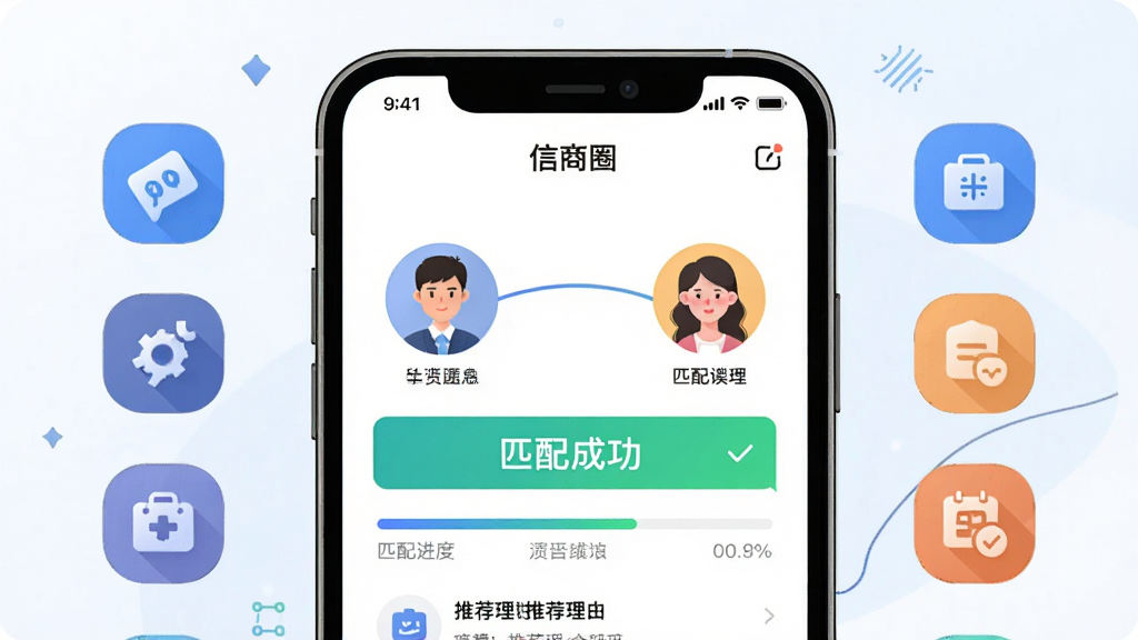一张展示信商圈智能匹配功能的界面截图风格插画,主体是手机屏幕上的“信商圈”应用,屏幕中显示两个人物头像之间的连接线,以及“匹配成功”的提示,布局以手机为中心,两侧有行业标签图标,排版简洁,风格科技感,细节包括匹配进度条和推荐理由,画质干净明亮,无多余元素。