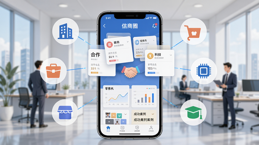 一幅展示商务人士在现代化办公室内通过手机应用进行项目对接的插画,主体是手机屏幕上的“信商圈”界面,界面显示合作双方的信息卡片和握手图标,布局以手机为中心,周围环绕着代表不同行业的图标如建筑、零售、科技、教育等,排版清晰,风格简约商务,细节包括屏幕上的数据图表和成功案例,画质高清干净,无多余元素。