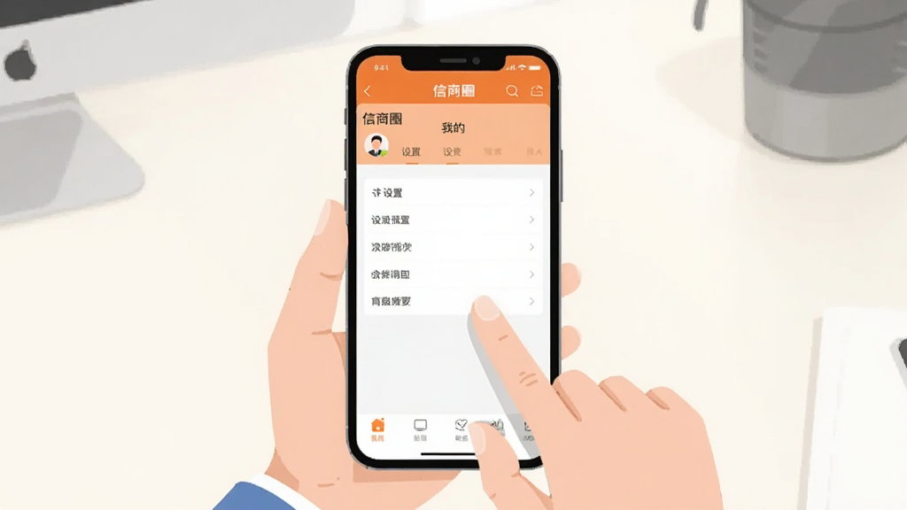 一幅展示用户正在手机上操作信商圈应用的插画,主体是手机屏幕上的“信商圈”应用界面,屏幕上有“我的”页面,显示设置选项,布局为手机居中,背景为浅色办公桌,风格简洁,细节包括用户手指点击屏幕的姿势,画质干净,无多余元素。