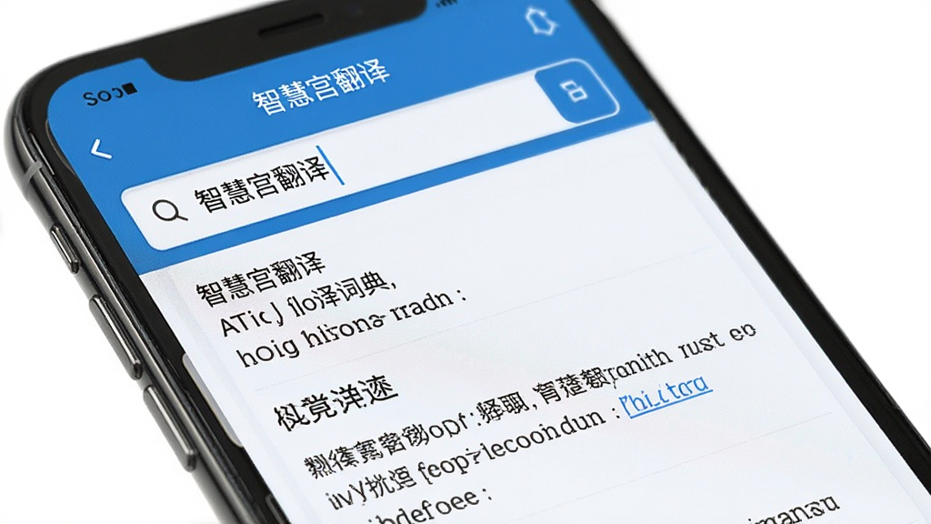 一张展示智慧宫翻译词典查询功能的图片,主体为手机屏幕上的单词释义页面,布局整齐,上方为查询单词,下方为释义和例句,以蓝白配色为主,界面显示