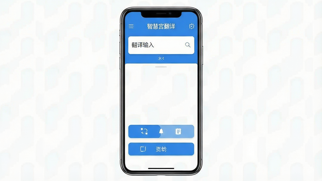 一张展示智慧宫翻译软件界面全貌的图片,主体为手机屏幕上的应用主界面,布局清晰,上方为翻译输入框,下方为功能按钮,整体风格简洁现代,以蓝白为主色调,界面文字显示
