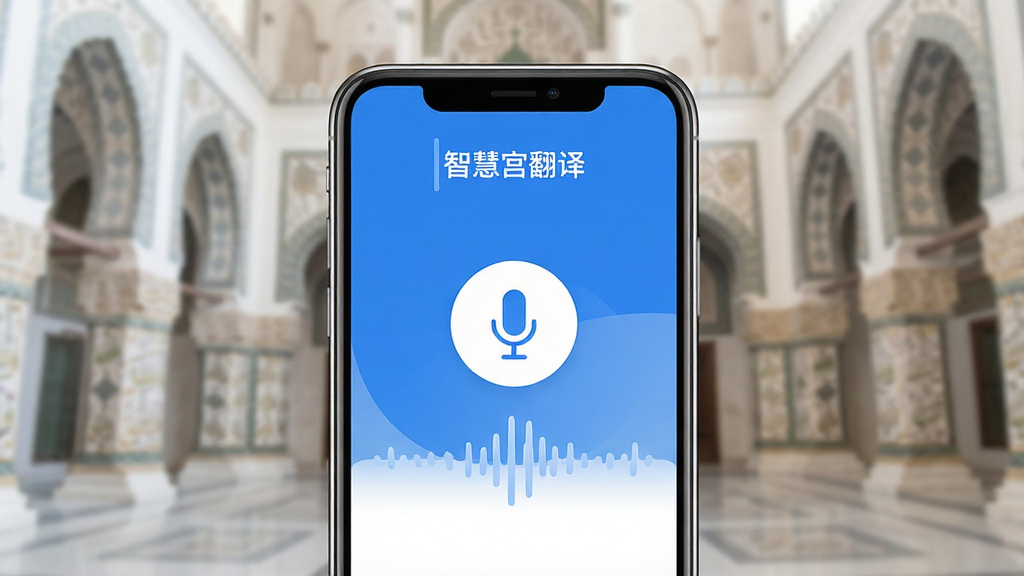 一张展示智慧宫翻译语音识别功能的图片,主体为手机屏幕上的语音输入界面,带有麦克风图标和波形动画,布局简洁,风格现代,以蓝白为主色调,界面显示