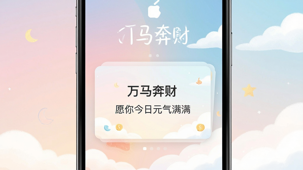 一张手机锁屏界面截图风格图片,屏幕中央展示“万马奔财”每日吉言卡片,卡片上有“愿你今日元气满满”的文案,背景为柔和的渐变天空与云朵,整体采用简约清新的插画风格,色彩淡雅,文字排版精致,画质干净无多余元素。