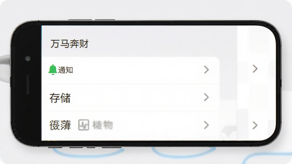 一张手机应用设置页面的图片,屏幕显示“万马奔财”的权限管理界面,有“通知”“存储”等选项,背景为浅灰色,整体风格简约清晰,画质干净。