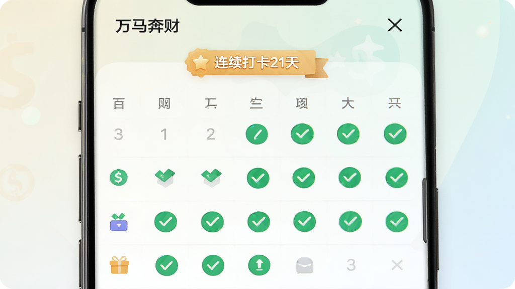 一张展示手机应用内打卡日历页面的图片,界面以月视图呈现,有多个绿色圆圈标记的打卡记录,顶部显示“万马奔财”应用名称和“连续打卡21天”的成就徽章,背景采用浅色渐变,整体风格扁平化,图标清晰,色彩明快,画质高清。