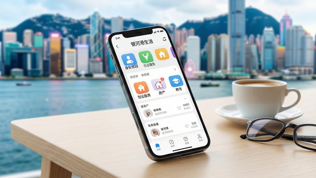 图片主体为一部亮屏的智能手机,屏幕内展示“银河港生活”APP的首页界面,界面设计简洁现代,顶部导航栏有“身份规划”、“创业服务”、“房产”、“教育”等彩色图标。手机斜放在一张浅木色办公桌上,旁边放着一杯咖啡和一副眼镜,背景是虚化的香港维多利亚港天际线。布局采用中心构图,手机屏幕内容清晰可见。风格为写实商业产品渲染图,画面明亮通透,细节丰富,画质细腻干净,无多余元素。