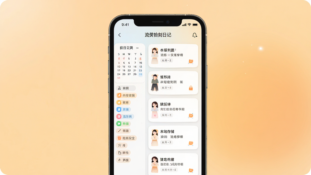 һ��չʾ��ӫʰ���ռ�Ӧ��������ĸ������ֲ廭������������һ���ֻ�����Ļ����ʾ��Ƭʽ�ռ��б��������������ͼ�ͱ�ǩ����������������ů��͵Ľ���ɫ���������Լ�ִ���ͻ�������ش洢���롰��˽��ȫ�����⣬���ʸɾ��޶���Ԫ�أ����ֱ�ע����ӫʰ���ռǡ�