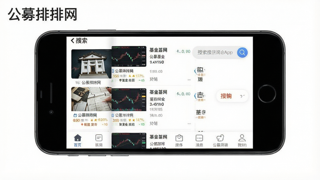 一张展示公募排排网App界面的高清手机截图,主体为App首页,布局清晰,包含基金列表、搜索栏、底部导航栏,风格现代简约,细节丰富,画质干净,无多余元素,图片上显示“公募排排网”字样