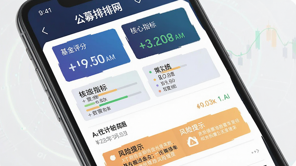 一张公募排排网App中AI解读基金功能的手机截图,主体为AI分析报告页面,布局包含基金评分、核心指标、风险提示,风格科技感强,细节丰富,画质干净,无多余元素,图片上显示“公募排排网”字样