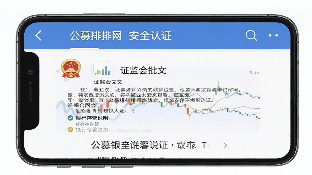 一张公募排排网App安全认证页面的手机截图,主体为平台资质展示,布局包含证监会批文、银行存管说明,风格严谨可靠,细节清晰,画质干净,无多余元素,图片上显示“公募排排网”字样