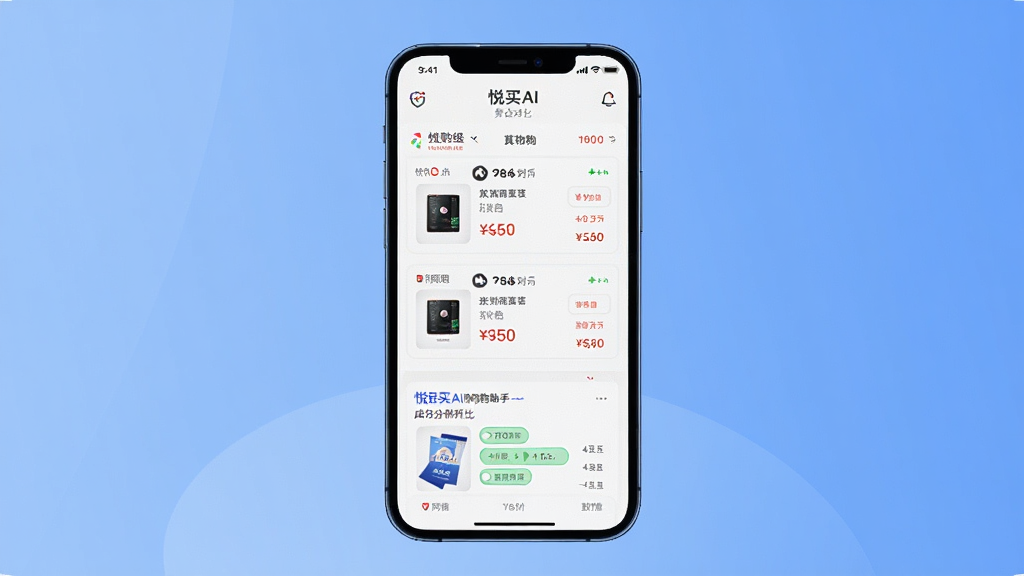 一张展示悦买AI网购助手核心功能的宣传海报,主体是手机屏幕界面,屏幕中显示多个购物平台商品价格对比列表和成分分析标签,背景为简约蓝色渐变,排版居中,扁平化设计风格,细节丰富,画质高清干净,无多余元素