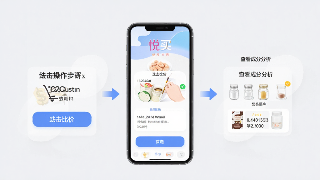 悦买app使用教程示意图,主体是手机屏幕展示操作步骤,包含点击比价按钮和查看成分分析的流程,背景为浅灰色,步骤用箭头标注,风格简洁清晰,画质干净