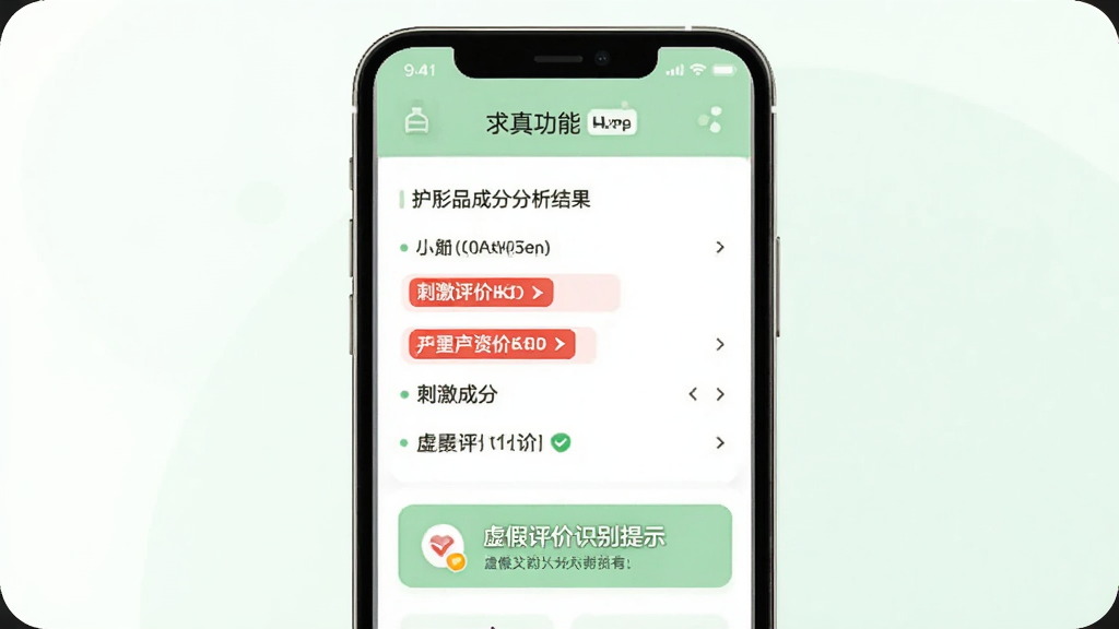 悦买app求真功能界面预览图,主体是手机屏幕,屏幕中展示一款护肤品的成分分析结果,含有刺激成分被红色标记,下方有虚假评价识别提示,布局简洁,以白色和浅绿色为主色调,扁平化风格,细节清晰,画质干净