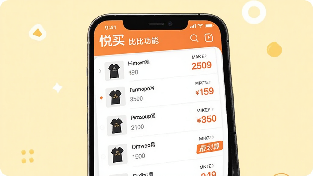 悦买app比价功能界面截图,主体是手机屏幕,屏幕中显示同一款商品在不同电商平台的价格对比列表,价格从低到高排列,最低价标有“最划算”标签,背景为淡黄色,布局整齐,色彩明快,风格简洁,画质清晰
