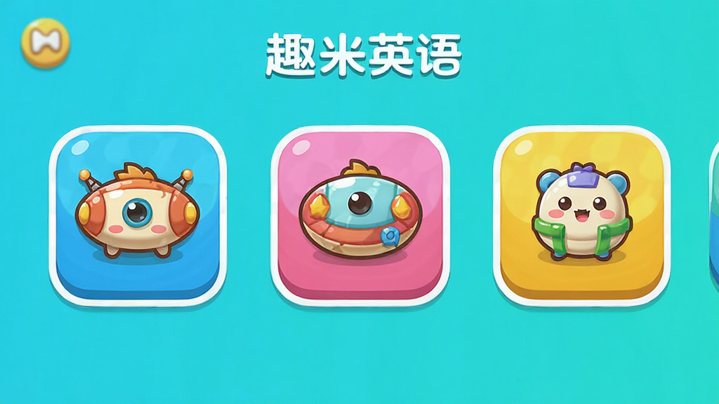 趣米英语应用主界面,展示五大场馆分类图标,色彩明快,卡通风格,界面干净清爽,画质高清,无多余元素
