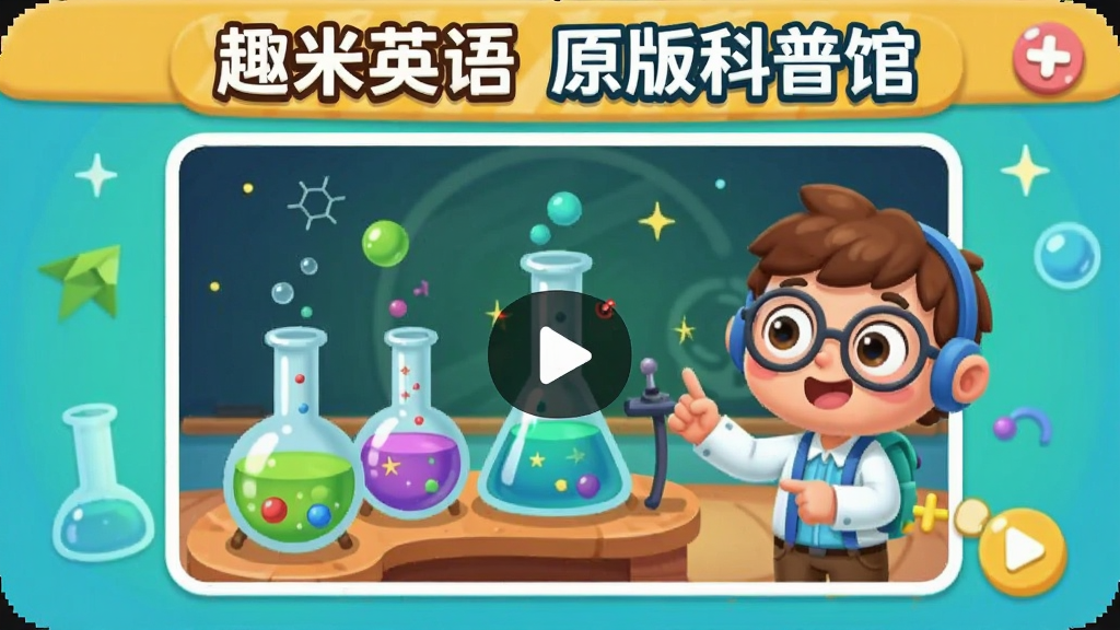 趣米英语原版科普馆界面,展示一个科学实验视频,画面生动,色彩鲜艳,风格卡通,画质高清,无多余元素